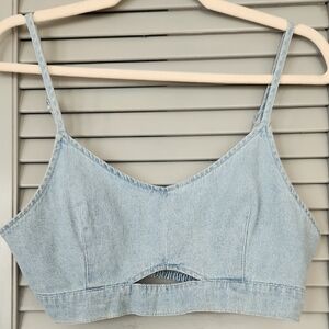 House of Harlow 1960 Denim Bralette Festival Crop Top Light Blue Wash Boho EUC